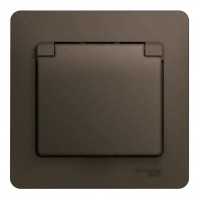 Розетка SYSTEME ELECTRIC GLOSSA, скрытый монтаж, с заземлением, с крышкой, со шторками, шоколад