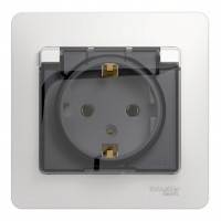 Розетка SYSTEME ELECTRIC GLOSSA, скрытый монтаж, с заземлением, с крышкой, со шторками, белый