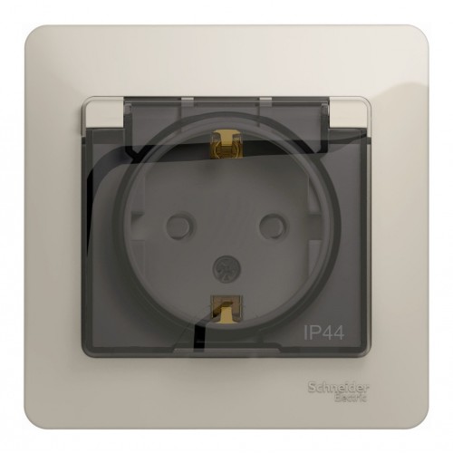 Розетка SYSTEME ELECTRIC GLOSSA, скрытый монтаж, с заземлением, с крышкой, со шторками, молочный