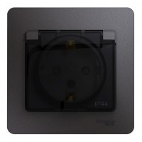Розетка SYSTEME ELECTRIC GLOSSA, скрытый монтаж, с заземлением, с крышкой, со шторками, графит