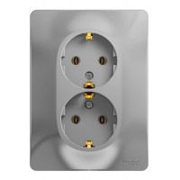 Розетка двухместная SYSTEME ELECTRIC GLOSSA, скрытый монтаж, с заземлением, алюминий