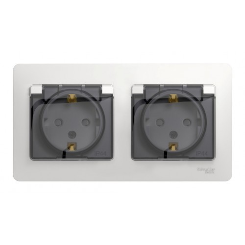 Розетка двухместная SYSTEME ELECTRIC GLOSSA, скрытый монтаж, с заземлением, с крышкой, со шторками, белый, GSL000147