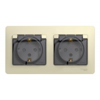 Розетка двухместная SYSTEME ELECTRIC GLOSSA, скрытый монтаж, с заземлением, с крышкой, со шторками, бежевый