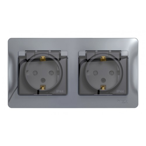 Розетка двухместная SYSTEME ELECTRIC GLOSSA, скрытый монтаж, с заземлением, с крышкой, со шторками, алюминий, GSL000347