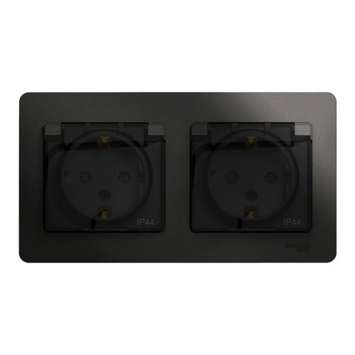 Розетка двухместная SYSTEME ELECTRIC GLOSSA, скрытый монтаж, с заземлением, с крышкой, со шторками, антрацит, GSL000747
