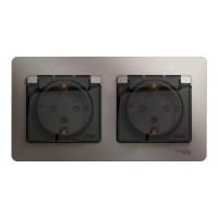 Розетка двухместная SYSTEME ELECTRIC GLOSSA, скрытый монтаж, с заземлением, с крышкой, со шторками, платина