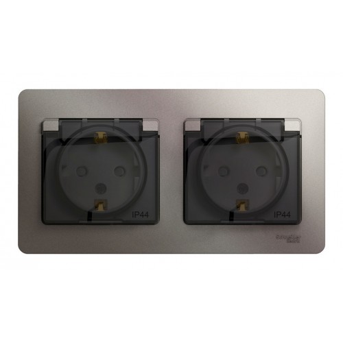 Розетка двухместная SYSTEME ELECTRIC GLOSSA, скрытый монтаж, с заземлением, с крышкой, со шторками, платина