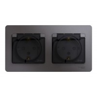 Розетка двухместная SYSTEME ELECTRIC GLOSSA, скрытый монтаж, с заземлением, с крышкой, со шторками, графит, GSL001347
