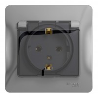 Розетка SYSTEME ELECTRIC GLOSSA, скрытый монтаж, с заземлением, с крышкой, со шторками, алюминий