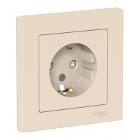 Розетка с рамкой SYSTEME ELECTRIC ATLASDESIGN, скрытый монтаж, с заземлением, со шторками, винтовые клеммы, бежевый