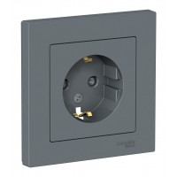 Розетка SYSTEME ELECTRIC ATLASDESIGN, скрытый монтаж, с заземлением, со шторками, грифель