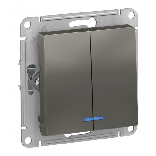 Выключатель 2-клавишный SYSTEME ELECTRIC ATLASDESIGN, с подсветкой, скрытый монтаж, сталь