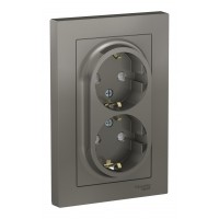 Розетка двухместная SYSTEME ELECTRIC ATLASDESIGN, скрытый монтаж, с заземлением, со шторками, сталь