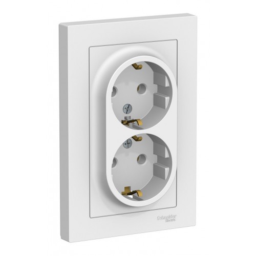 Розетка двухместная с рамкой SYSTEME ELECTRIC ATLASDESIGN, скрытый монтаж, с заземлением, винтовые клеммы, белый