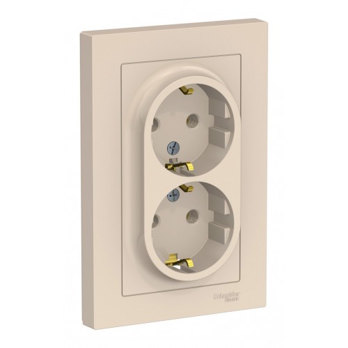 Розетка двухместная с рамкой SYSTEME ELECTRIC ATLASDESIGN, скрытый монтаж, с заземлением, винтовые клеммы, бежевый