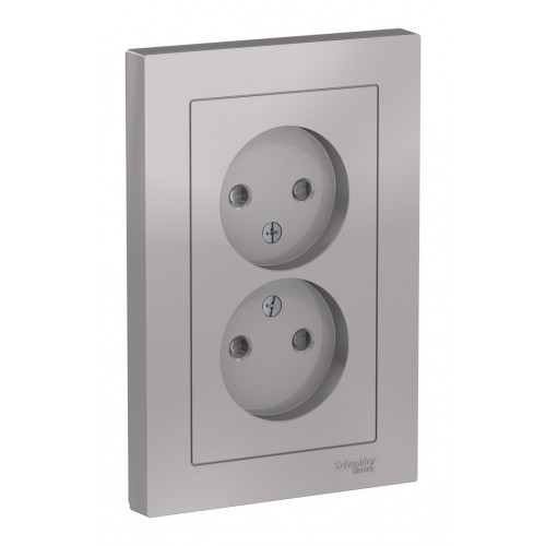 Розетка двухместная SYSTEME ELECTRIC ATLASDESIGN, скрытый монтаж, без заземления, со шторками, винтовые клеммы, алюминий