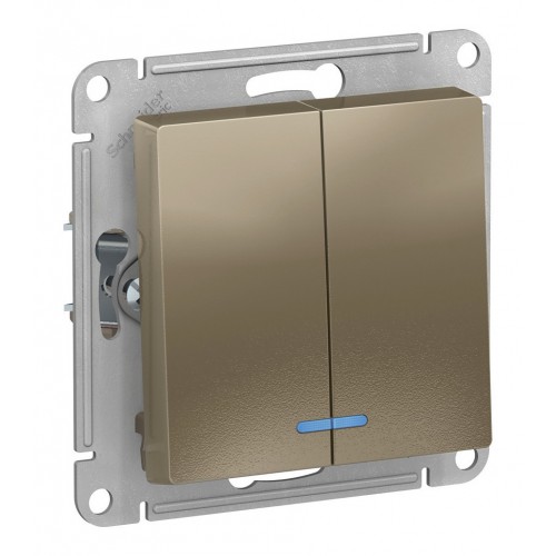 Выключатель 2-клавишный SYSTEME ELECTRIC ATLASDESIGN, с подсветкой, скрытый монтаж, шампань