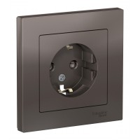 Розетка SYSTEME ELECTRIC ATLASDESIGN, скрытый монтаж, с заземлением, со шторками, мокко