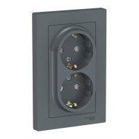 Розетка двухместная SYSTEME ELECTRIC ATLASDESIGN, скрытый монтаж, с заземлением, со шторками, грифель