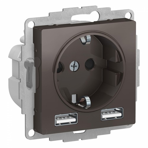 Розетка с USB SYSTEME ELECTRIC ATLASDESIGN, скрытый монтаж, с заземлением, мокко
