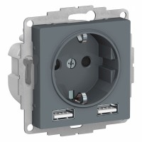 Розетка с USB SYSTEME ELECTRIC ATLASDESIGN, скрытый монтаж, с заземлением, грифель