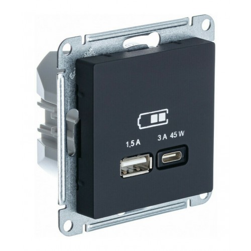Розетка USB+USB type C SYSTEME ELECTRIC ATLASDESIGN, скрытый монтаж, карбон, ATN001029
