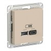 Розетка USB+USB type C SYSTEME ELECTRIC ATLASDESIGN, скрытый монтаж, песочный, ATN001239