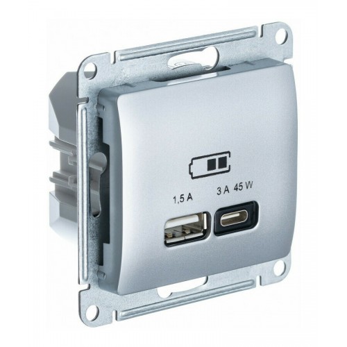 Розетка USB+USB type C SYSTEME ELECTRIC GLOSSA, скрытый монтаж, алюминий, GSL000329