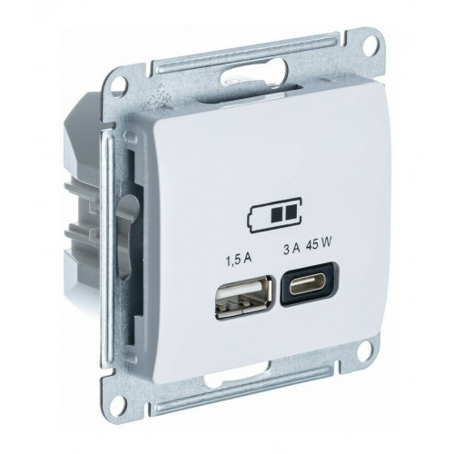 Розетка USB+USB type C SYSTEME ELECTRIC GLOSSA, скрытый монтаж, белый, GSL000129