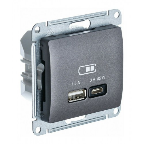Розетка USB+USB type C SYSTEME ELECTRIC GLOSSA, скрытый монтаж, графит, GSL001329