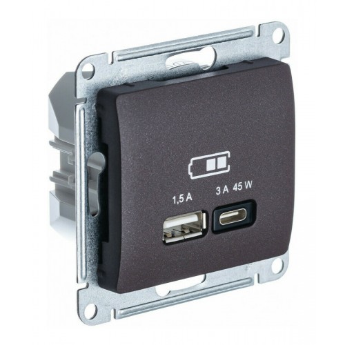Розетка USB+USB type C SYSTEME ELECTRIC GLOSSA, скрытый монтаж, шоколад, GSL000829