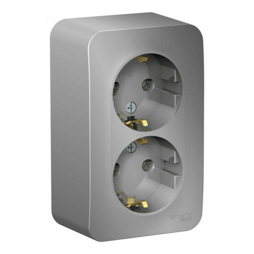 Розетка двухместная SYSTEME ELECTRIC BLANCA, открытый монтаж, с заземлением, алюминий, BLNRA010213