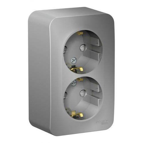 Розетка двухместная SYSTEME ELECTRIC BLANCA, открытый монтаж, с заземлением, со шторками, алюминий, BLNRA011213