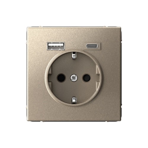 Розетка с USB+USB type C SYSTEME ELECTRIC ARTGALLERY, скрытый монтаж, с заземлением, со шторками, шампань, GAL000532